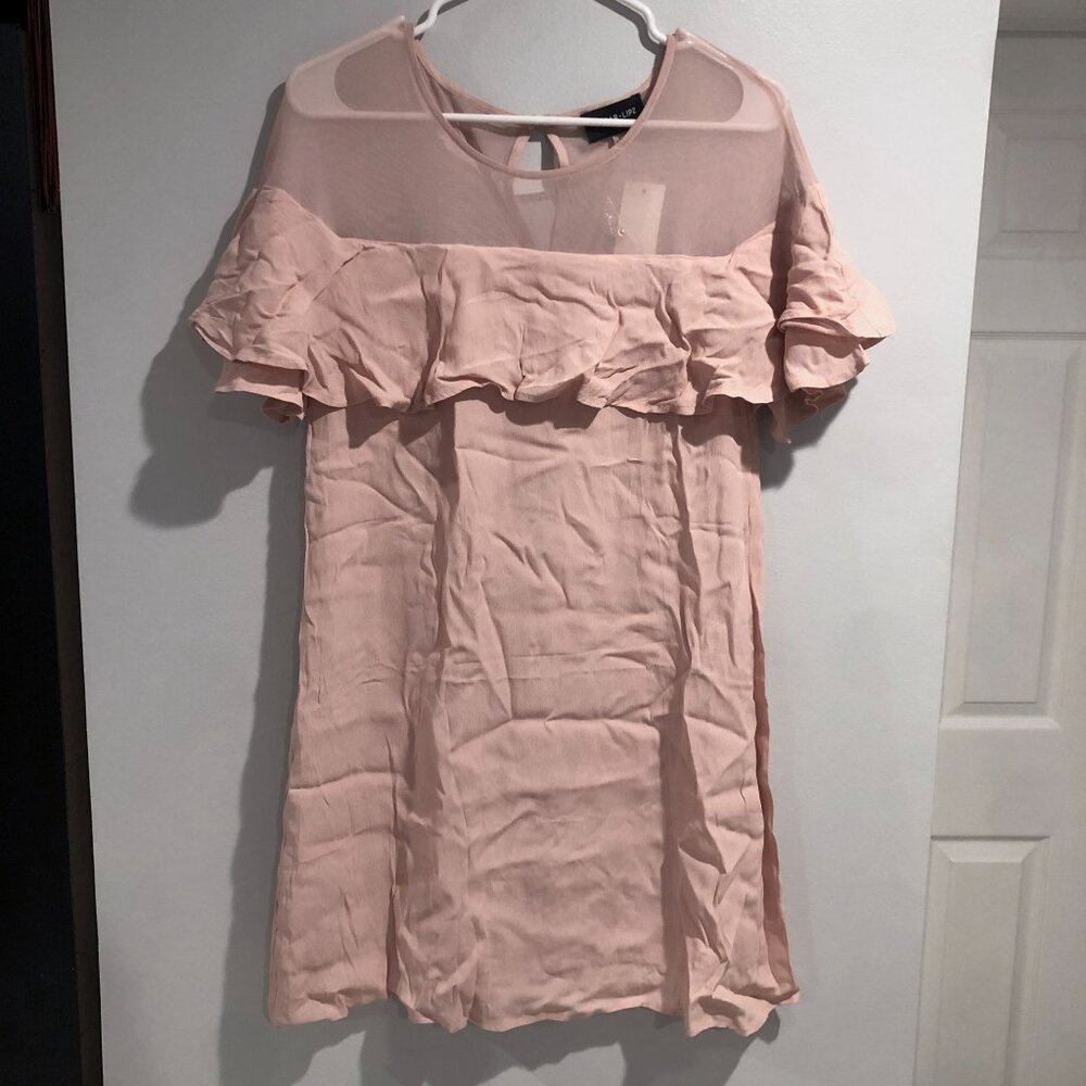 Sugar Lips Small Blush Pink Ruffle Dress Womens Illusion Neck Mini Anastasia